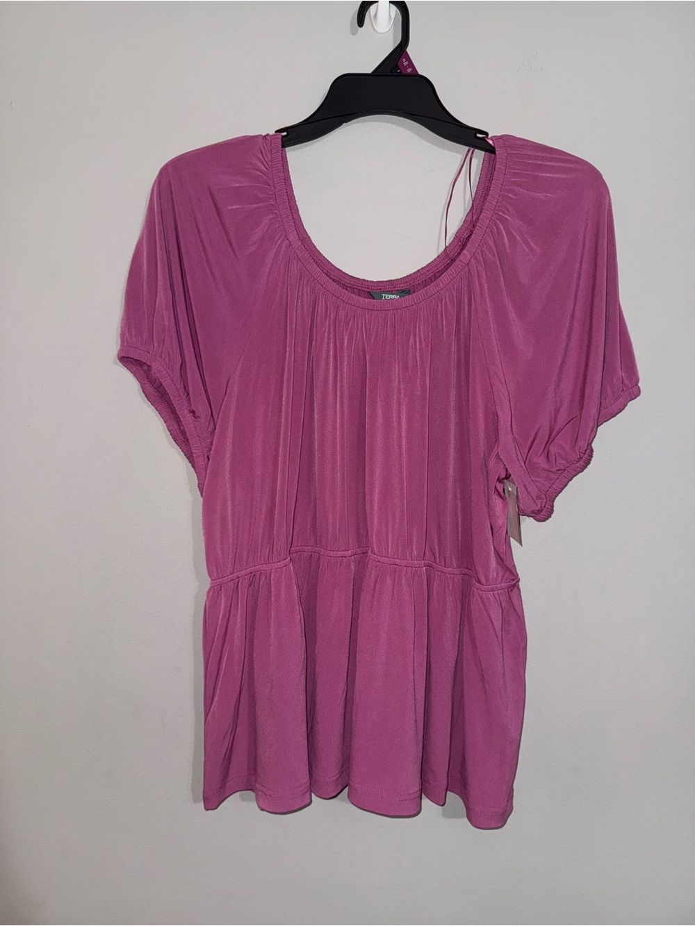 Terra & Sky Women’s Pink Short-Sleeve Peplum Blouse 2x